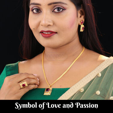 Golden Chain + Square Pendant with Stone + Matching Earring + Ring (GCPER1)