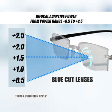 Rimless Bifocal Adaptive Power Reading Glasses + Free Bluetooth Neckband Earphones (BORG4BN)