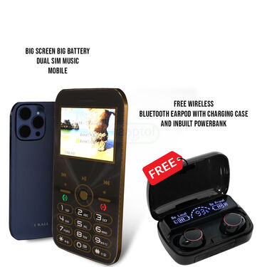 Big Screen Big Battery Dual Sim Music Mobile + FREE Wireless Bluetooth Earpod With Charging Case And Inbuilt Powerbank (A2m10)