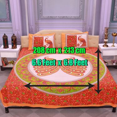 Jaipuri Peacock Printed Cotton Rich Double Bedsheet With 2 Pillow Covers (DBS18)