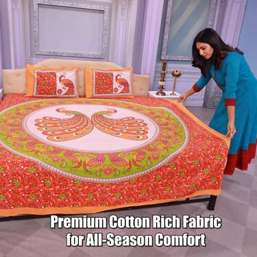 Jaipuri Peacock Printed Cotton Rich Double Bedsheet With 2 Pillow Covers (DBS18)