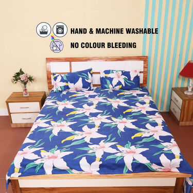 Blue Base With Pink Floral Double Bed Sheet Set (DBS7)