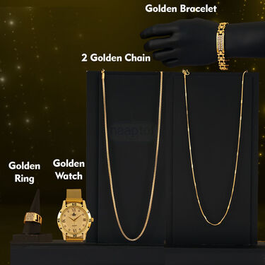 Golden Watch + 2 Chain + Bracelet + Ring (MGW2CBR7)