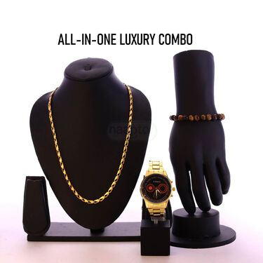 Mens Golden Watch + Golden Chain + Tiger Eye Bracelet (MGWCB12)