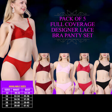Pack of 5 Full Coverage Designer Lace Bra Panty Sets (5BP-2)