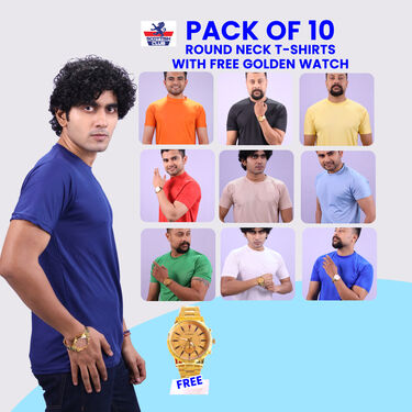 Pack Of 10 Pocket Round Neck T-Shirts With Golden Watch Free (10RT7)