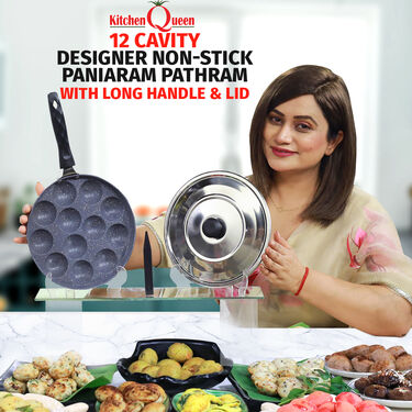 12 Cavity Designer Nonstick Paniaram Pathram with Long Handle & Lid (1AP6)