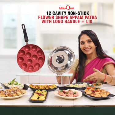 12 Cavity Nonstick Flower Shape Appam Patra with Long Handle + Lid (1AP7)