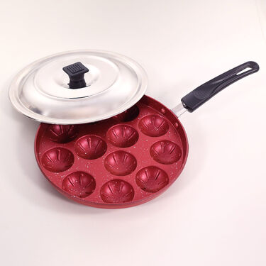 12 Cavity Nonstick Flower Shape Appam Patra with Long Handle + Lid (1AP7)