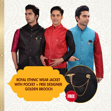 Pick any 1 Royal Ethnic wear Jacket with pocket + Free Designer Golden Brooch (1NJM1)