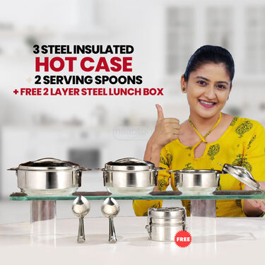 3 Steel Insulated Hot Case + 2 Serving Spoons + FREE 2 Layer Steel Lunch Box (3SCLB)