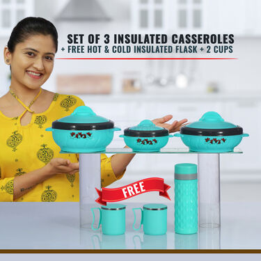 Set Of 3 Insulated Casseroles + Free Hot & Cold Insulated Flask + 2 Cups (3C3G)