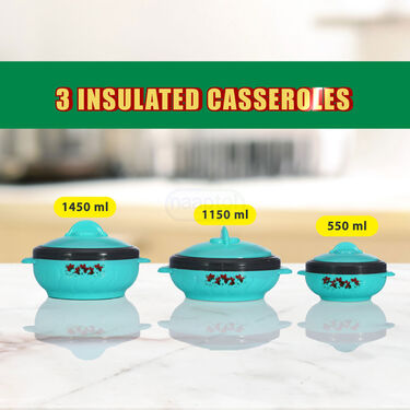 Set Of 3 Insulated Casseroles + Free Hot & Cold Insulated Flask + 2 Cups (3C3G)