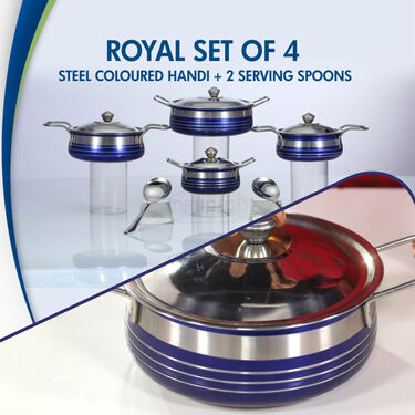Set of 4 Colored Steel Handi With 2 Serving Spoon (4H2S)