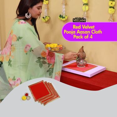 Plain Red Velvet Pooja Aasan Cloth - Pack of 4 (4PAC)