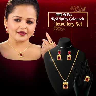 Golden Chain + Square Pendant with Stone + Matching Earring + Ring (GCPER1)