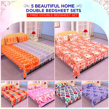 Pack Of 5 Beautiful Double Bed Sheets Set + 1 Double Bed Sheet Set Free (5BS11+1)
