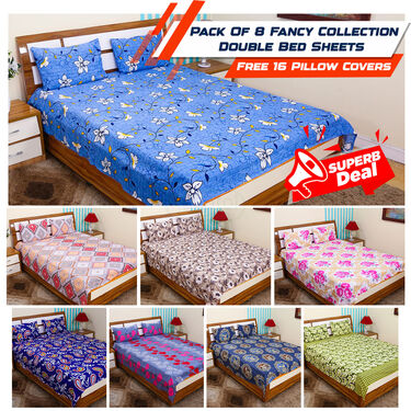 Pack Of 8 Fancy Collection  Double Bed Sheets + 16 Pillow covers Free  (8BS56)