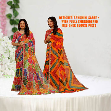 Designer Bandhini Saree With Fully Embroidered Designer Blouse (BDS1)