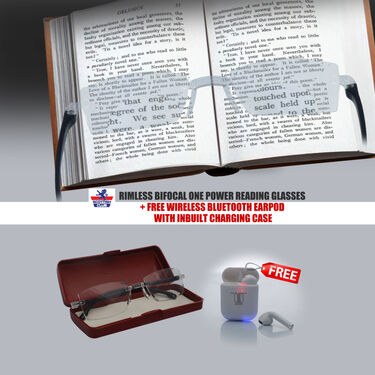Rimless Bifocal Adaptive Power Reading Glasses + Free Wireless Bluetooth Earpod With Inbuilt Charging Case (BORG4WP)