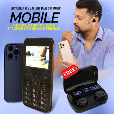 Big Screen Big Battery Dual Sim Music Mobile + FREE Wireless Bluetooth Earpod With Charging Case And Inbuilt Powerbank (A2m10)