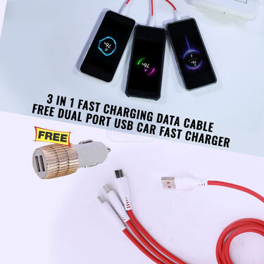 3 In 1 Fast Charging Data Cable + Free Dual Port USB Car Fast Charger (CDC2)