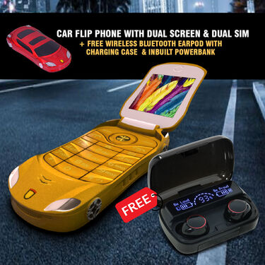 Car Flip Phone with Dual Screen & Dual SIM + Free Wireless Bluetooth Earpods with Charging Case & Inbuilt Powerbank (CSM10)