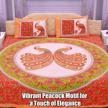Jaipuri Peacock Printed Cotton Rich Double Bedsheet With 2 Pillow Covers (DBS18)