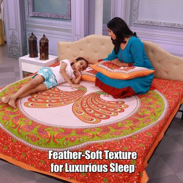 Jaipuri Peacock Printed Cotton Rich Double Bedsheet With 2 Pillow Covers (DBS18)