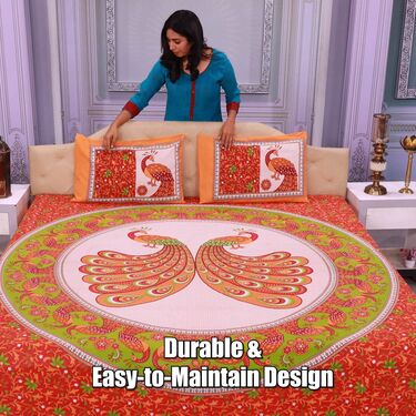 Jaipuri Peacock Printed Cotton Rich Double Bedsheet With 2 Pillow Covers (DBS18)