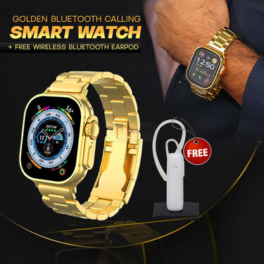 Golden Bluetooth Calling Smart Watch + FREE Wireless Bluetooth Earpod (BCSW17)
