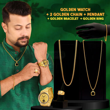Golden Watch + 2 Chain + Bracelet + Ring  (MGW2CBR9)