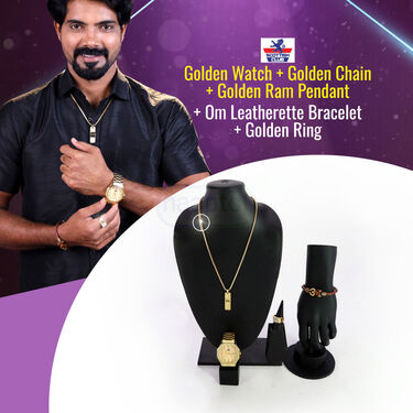 Golden Watch +  Golden Chain Pendant + Om leatheate Bracelet + Ring  (MGWCBR19)