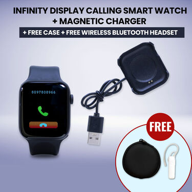 Infinity Display Calling Smart Watch + Wireless Magnetic Charger + Free Case + Free Wireless Bluetooth Headset (SWC7)