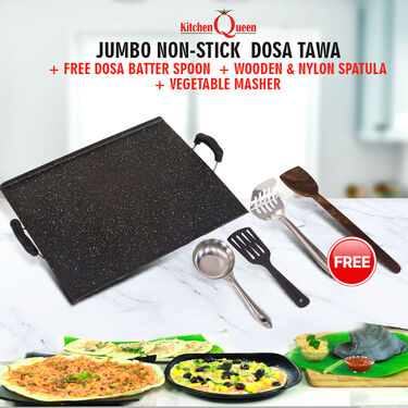 Jumbo Non Stick Dosa Tawa + Free Dosa Batter Spoon + Wooden & Nylon Spatula + Vegetable Masher (1PT1BS2)