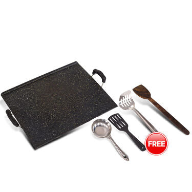 Jumbo Non Stick Dosa Tawa + Free Dosa Batter Spoon + Wooden & Nylon Spatula + Vegetable Masher (1PT1BS2)
