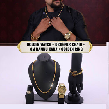 Golden Watch + Chain + Om Damru Kada + Ring  (MGWCKR1)