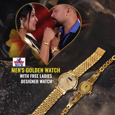Men's Golden Watch with Free Ladies Designer Watch (MLGW11)