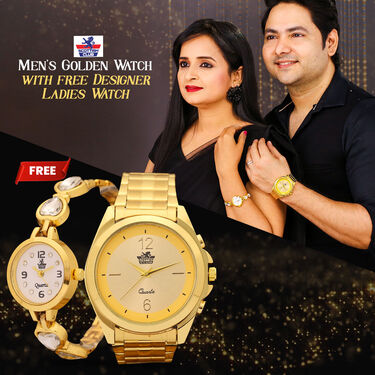 Men's Golden Watch with Free Designer Ladies Watch (MLGW3)