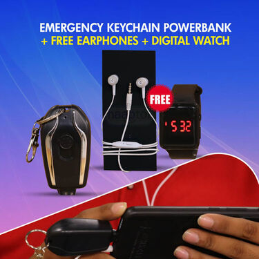Emergency Keychain Power Bank + Wired Earphones + Digital Watch (PB16)