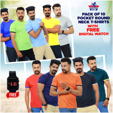 Pack of 10 Round Neck Pocket T-shirts with Digital Watch (10RT3)