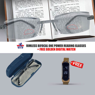 Rimless Bifocal One Power Mobile Protection Reading Glasses With Stylish Digital Watch (BORG4W2)