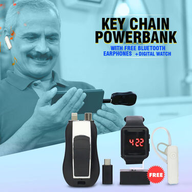 Emergency Keychain Power Bank with Free Bluetooth Earphone & Digital Watch